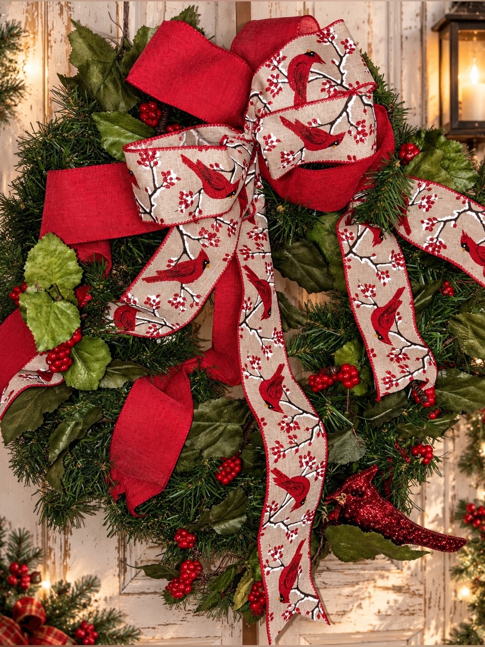 Holiday Cardinal Ribbon Wreath - Red